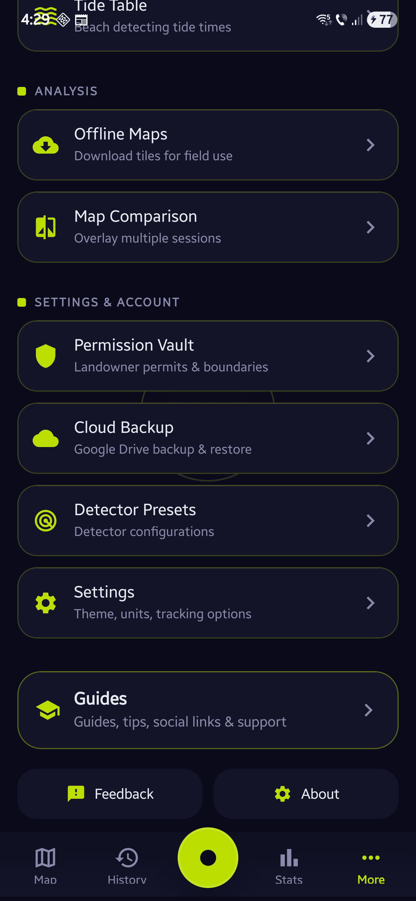 More menu hub with all SweepTrack Pro tools grouped by category
