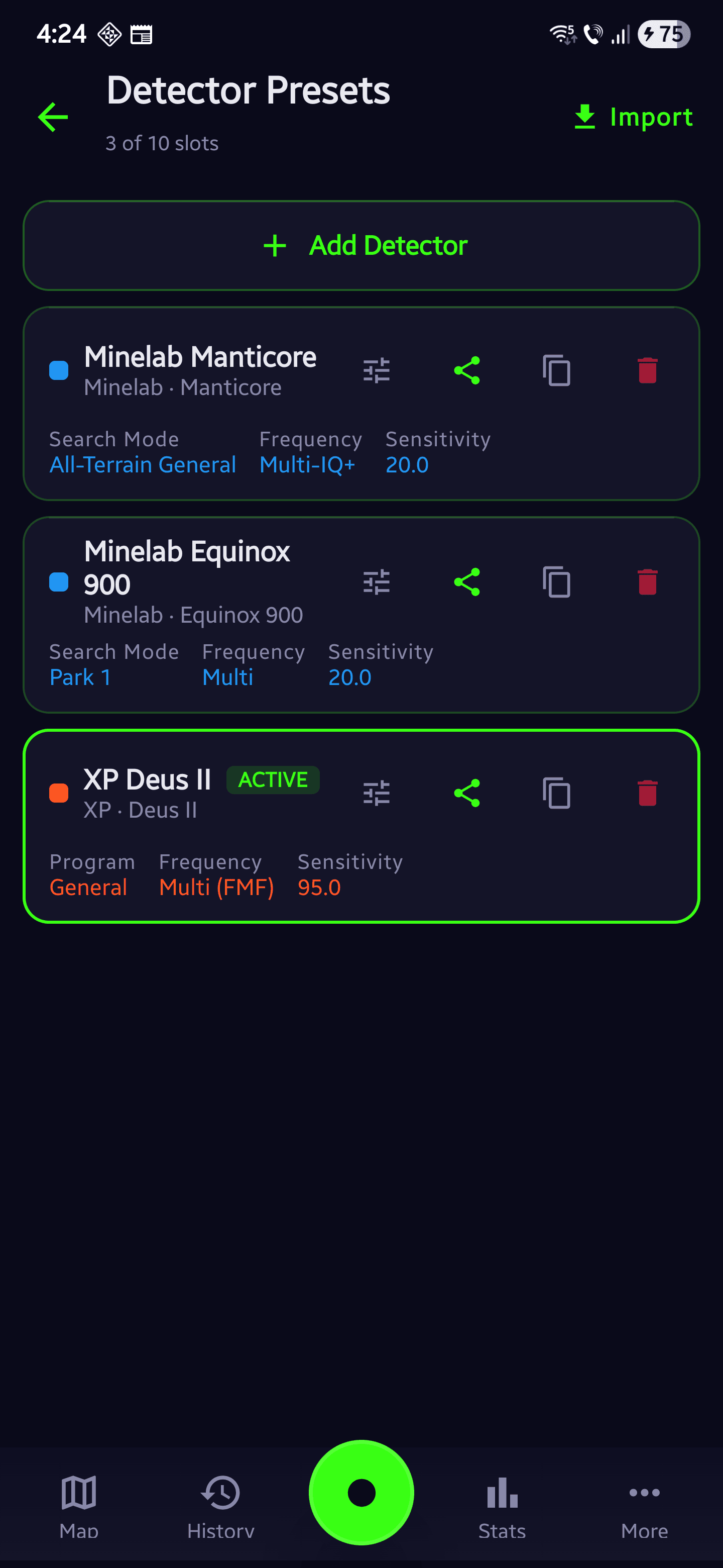 Detector presets for Minelab, XP, Nokta, Garrett, Fisher, Teknetics, Bounty Hunter, Quest, White's, Tesoro, Detech, and Rutus
