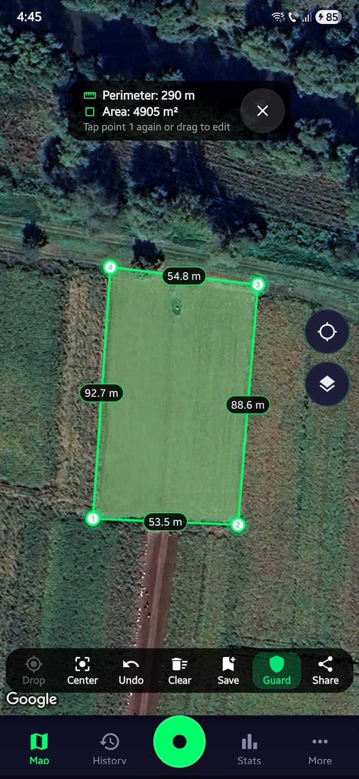 Metal detecting measure tool showing a closed polygon with perimeter and area on a satellite view